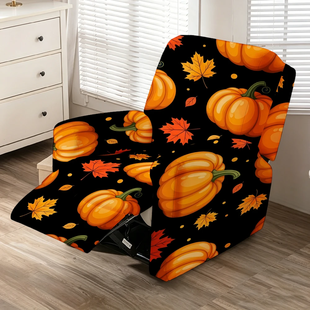 Stretch Elastic Recliner Slipcover Cartoon Pumpkin Maple Leaf Print Black Base Thanksgiving Sofa Chair Protector Cover