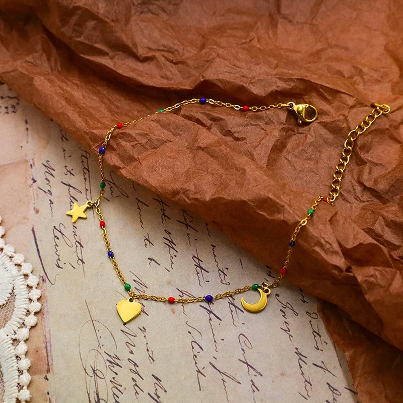 

Vintage Star Moon Love Heart Pendant Gold Color Stainless Steel Anklet Geometric Colourful Beaded Anklets for Women Boho Jewelry