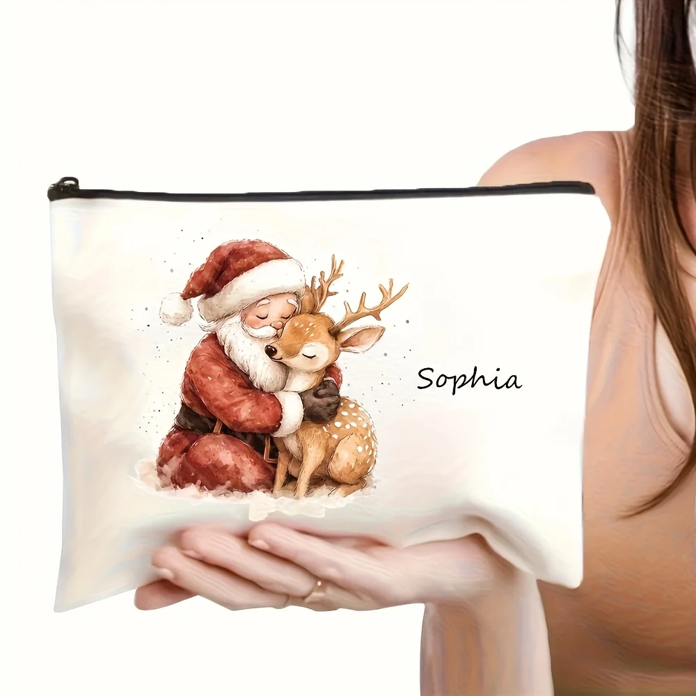 Personalized Custom Name Santa Reindeer Makeup Bag Watercolor Xmas Print Cosmetic Pouch Travel Storage Christmas Gift