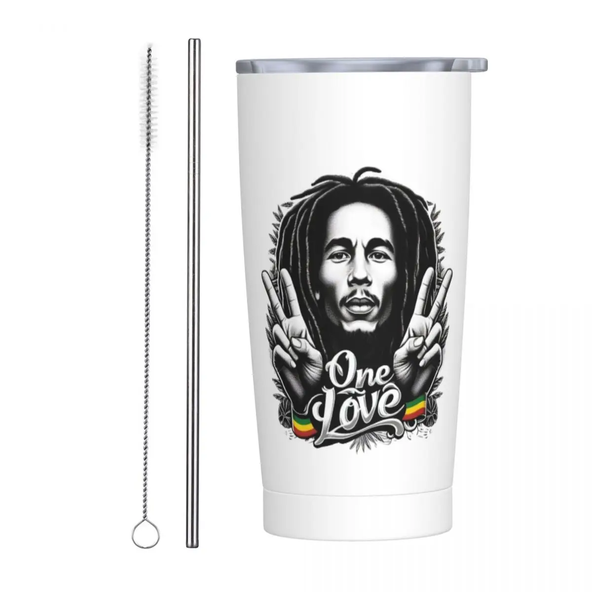 Bob Marley Reggae Stainless Steel Tumbler Vacuum Insulated Mug Thermal Cold Bottle Straws With Lid 20oz