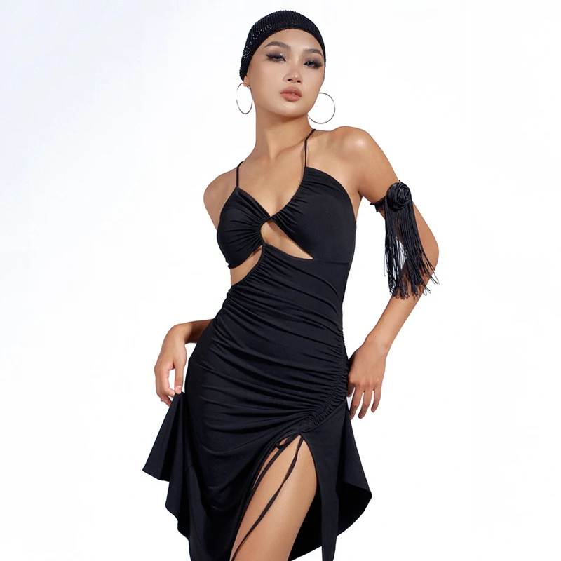 2024 Erwachsene Latin Dance Performance Kleid für Frauen schwarz sexy hohl Kleid Erwachsenen Chacha Samba Tango Latin Tanz kleid dn17510