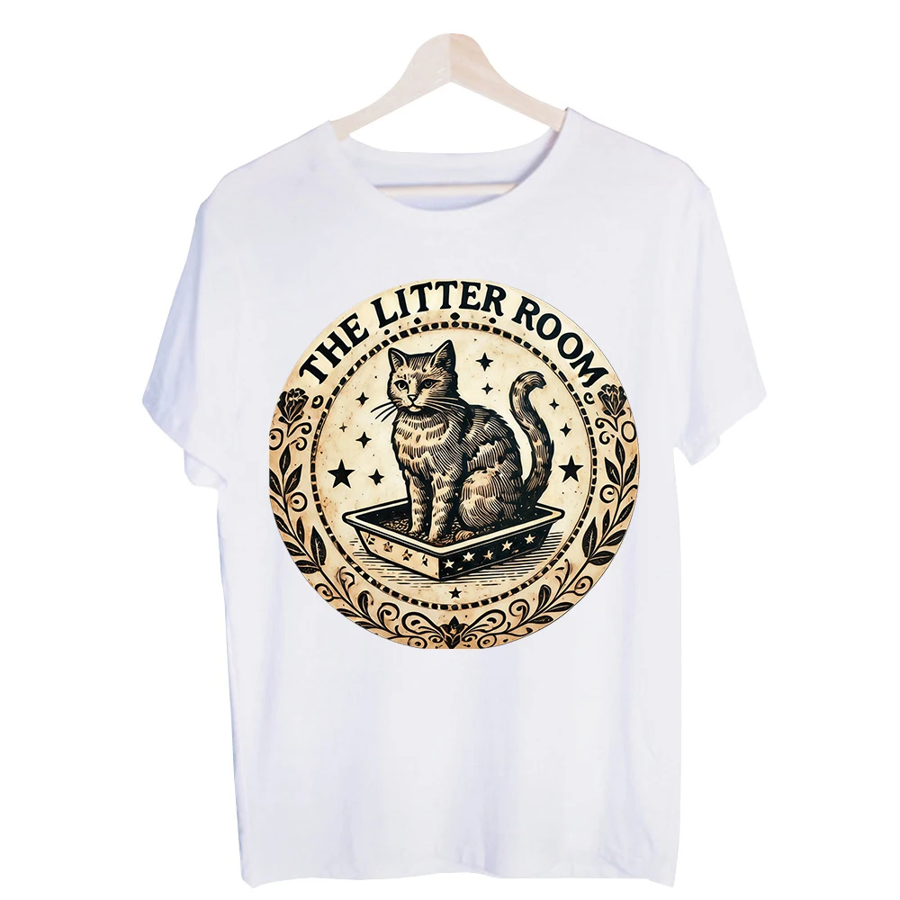 Men's Cat in Litter Box Graphic Tee, Vintage Style Short Sleeve T-Shirt for Casual Daily Wear