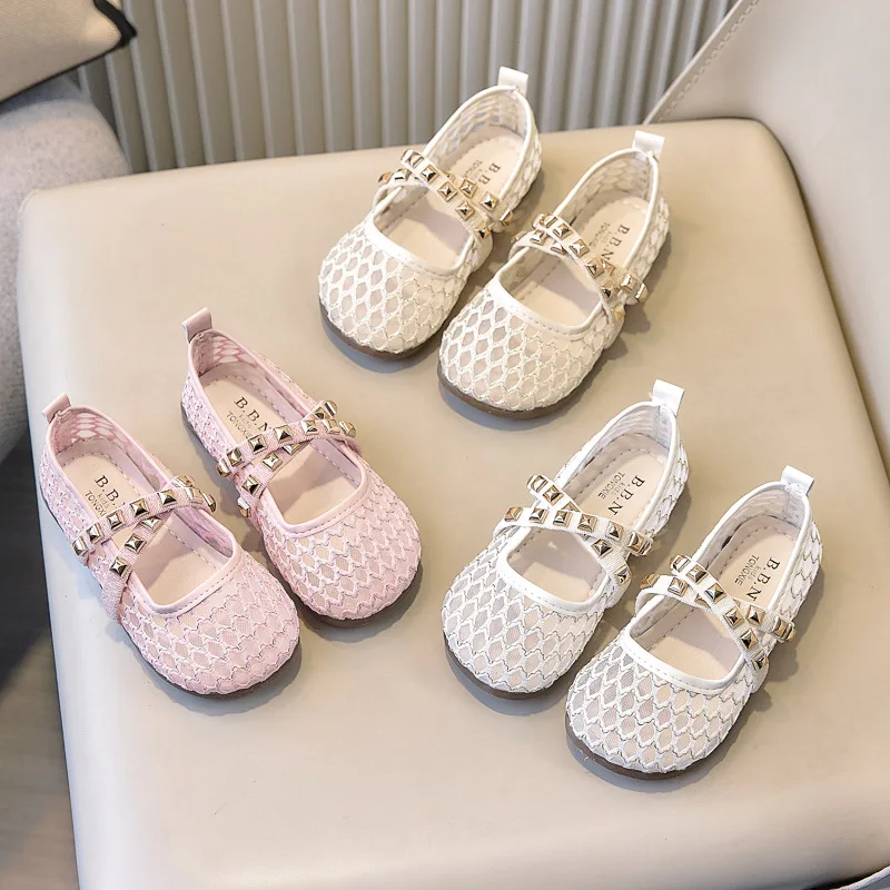 Girls Mesh Hollow Mary Jane Flats Kids Studded Strap Breathable Summer Casual Shoes Toddler Soft Sole Non-slip Shoes