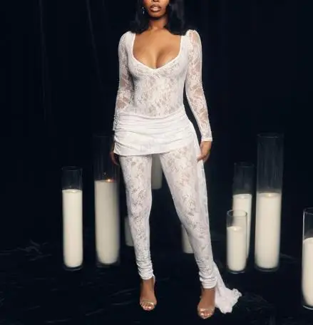 

Jumpsuit Women 2026 New Spring Autumn Solid Color Round Neck Sexy Lace See Through Long Sleeved Slim Fit Long Jumpsuit