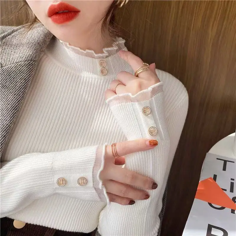 Women's O-neck Button Pullover Knitted Sweater 2026 Slim Fit Solid Bold Lace Base Layer for Autumn Winter