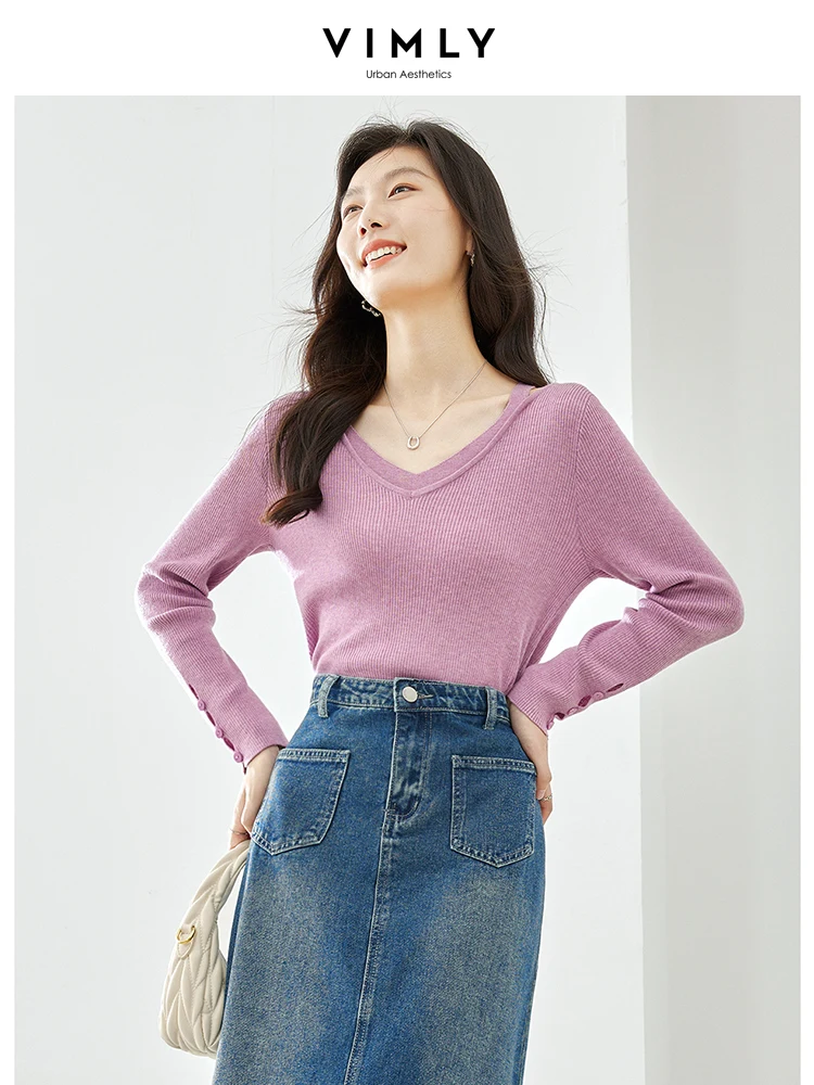 Vimly Purple Wool Blend Pullover Sweaters for Women 2023 V-neck High Strecth Long Sleeve Knit Top Women's Basics Jumper Knitwear