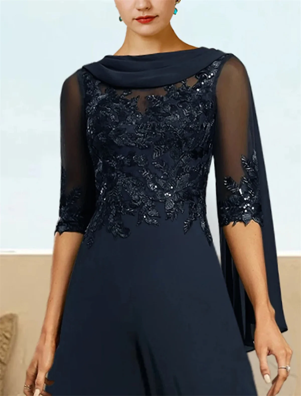 فساتين أم العروس أنيقة مزينة بالدانتيل على شكل حرف A مع وشاح نسائي نصف كم ورقبة قارب فساتين سهرة للحفلات الراقصة #5