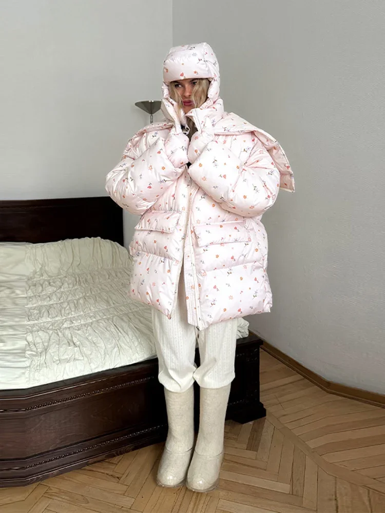 Chic Women's Floral Print Hooded Puffer Jacket with Bow Decor Cute Oversized Winter Warm Coat Loose Casual Feminine Outerwear Fa