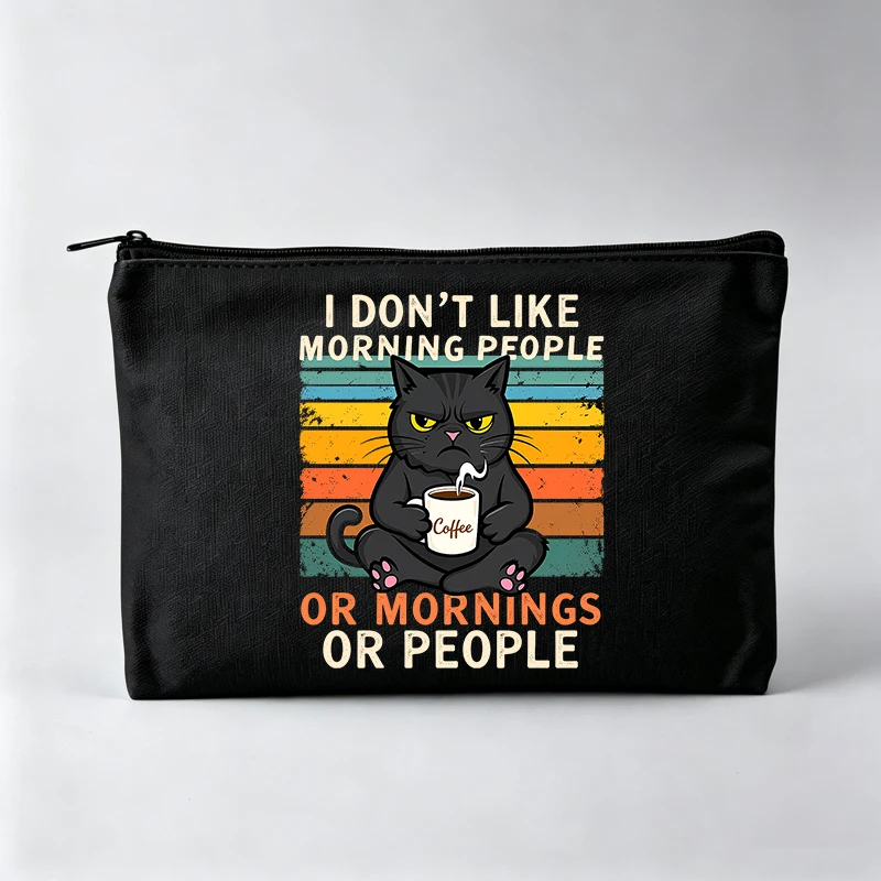 Black Cat Coffee Graphic Makeup Bag with Vintage Stripes, Zipper Cosmetic Pouch for Daily Use