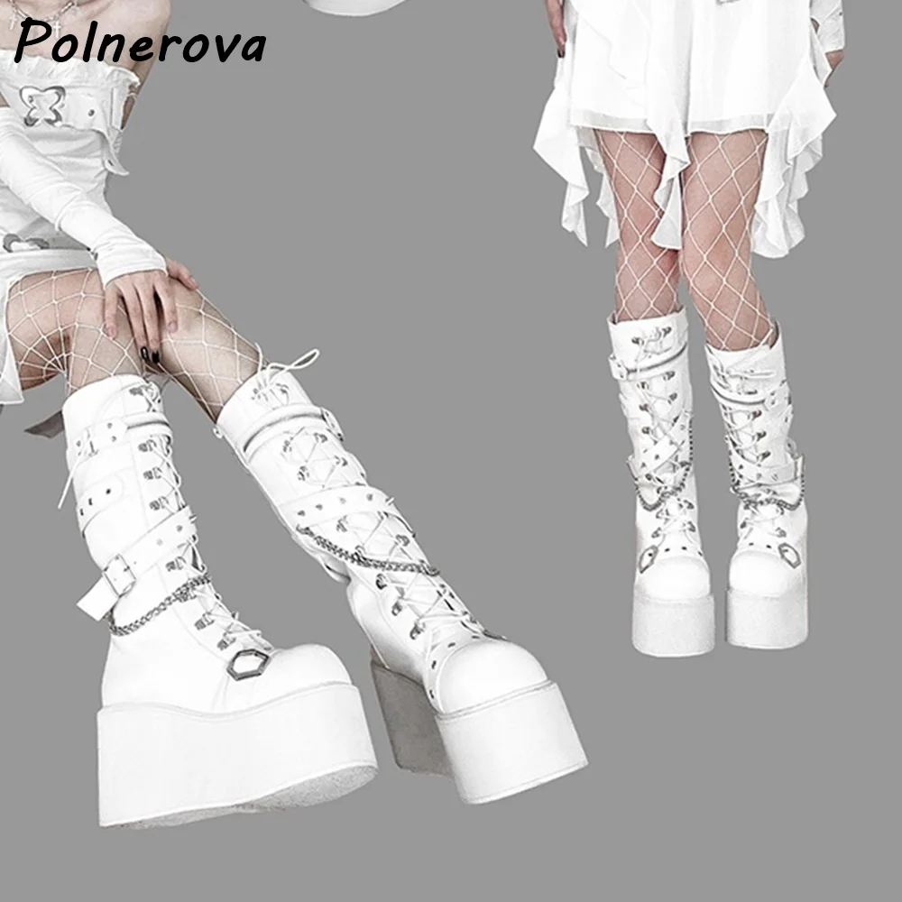 Black Platform Metal Chain Boots Buckle Strap Cross Tied Lace Up Leather Fashion Shoes Women's Winter Fashion Dark Punk Shoes view 5