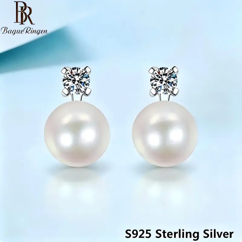 BR 4mm S925  Silver Freshwater Pearl & Moissanite Earrings Luxury Shell Pearl Drop Earrings Elegant High-End Jewelry for Women