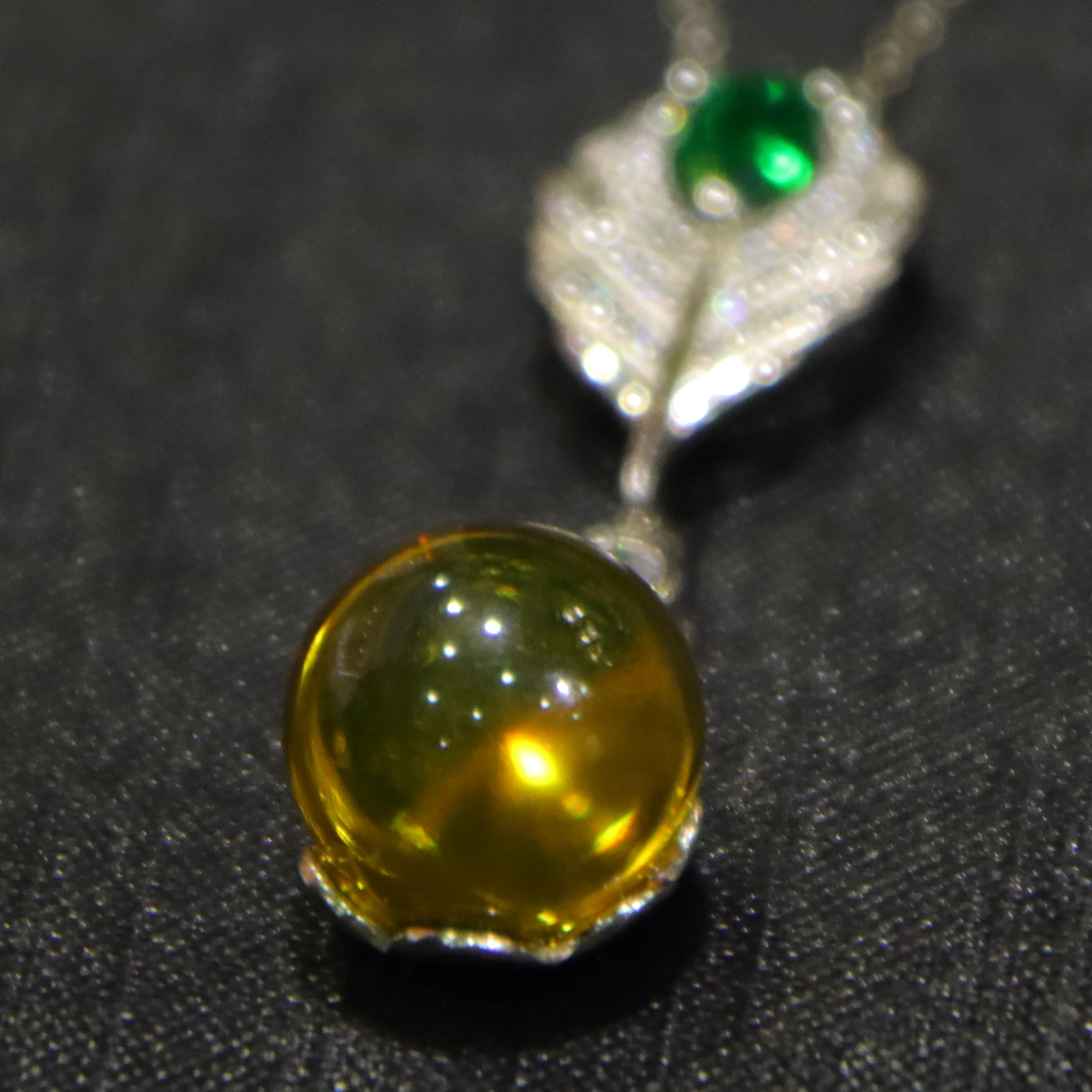 Pure Silver Feather Clasp with Natural Mexican Blue Amber Pendant 11mm Amber Bead Includes a Sterling Silver Necklace