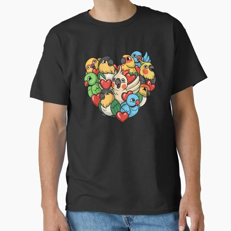 

Birbs in a Heart shape Cute cockatiel Funny pet parrot gift T-shirt for bird lover large size tee Adult Tops S-6XL