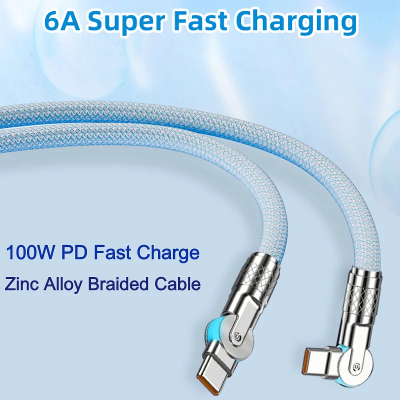 100W 6A Fast Charge Type C Cable Dual Rotating Elbow Type C To Type C Data Cable Phone Charger Wire for Iphone 15 Samsung Huawei