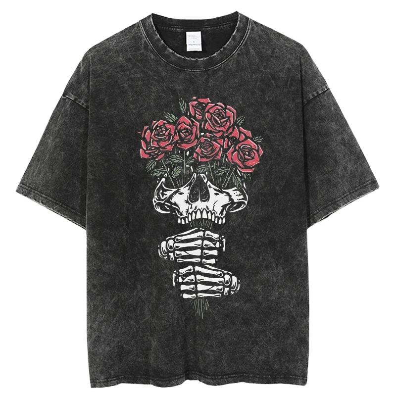 

Hip Hop Washed T Shirt Streetwear Flowers Skull Printed T-Shirt 2023 Men Short Sleeve Tshirt Harajuku Cotton Loose Tops Tees