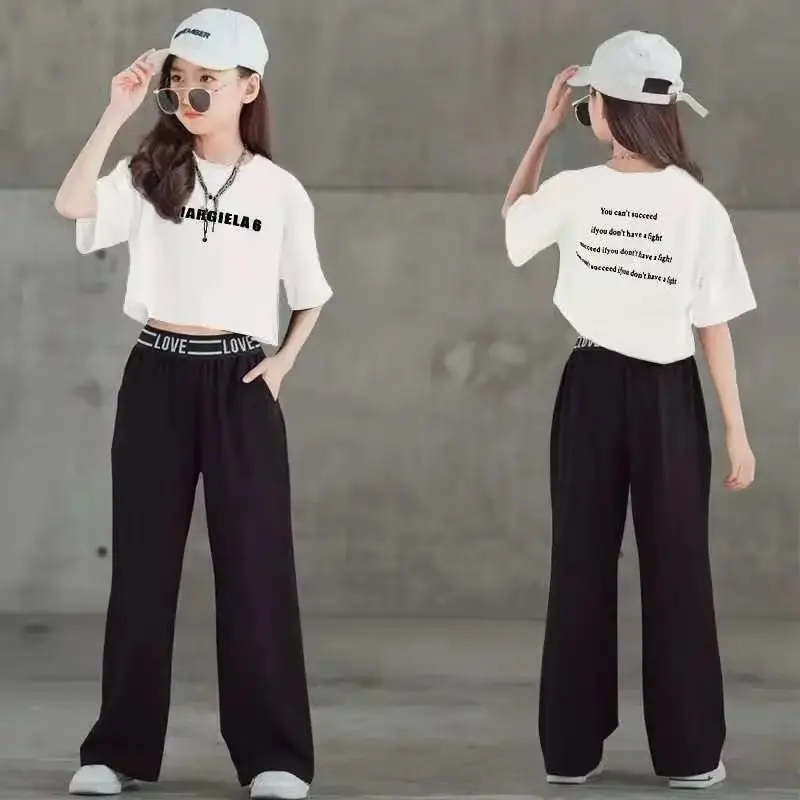 

2025 summer Kids tracksuit Children Girls Clothes letter crop top T-Shirt + wide leg Pants Suit Teenager 6 7 8 to 10 11 12 year