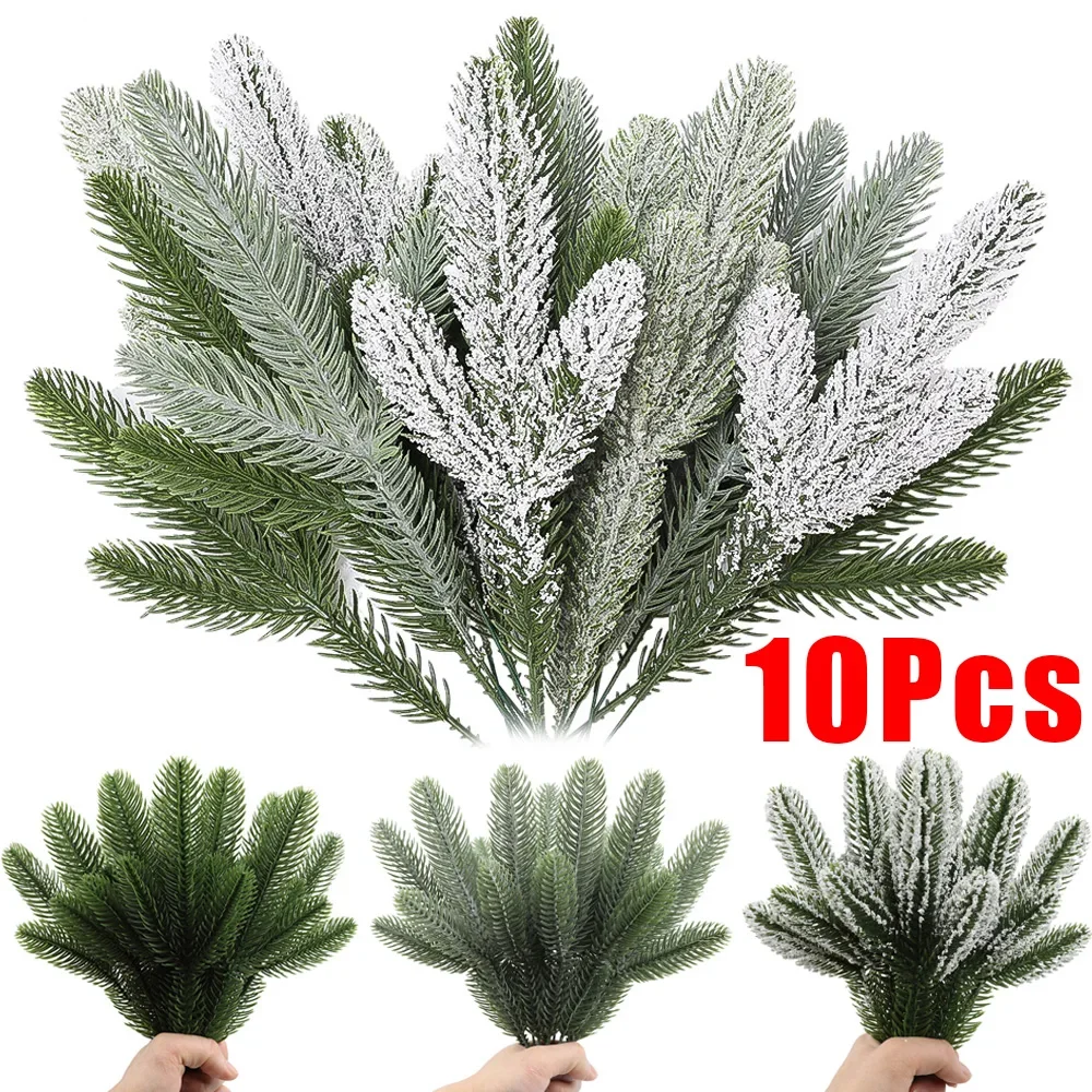 10/5Pcs Artificial Christmas Pine Needles with Snow DIY Green Fake Pine Branch Christmas Garland Decor New Year Party Decoration