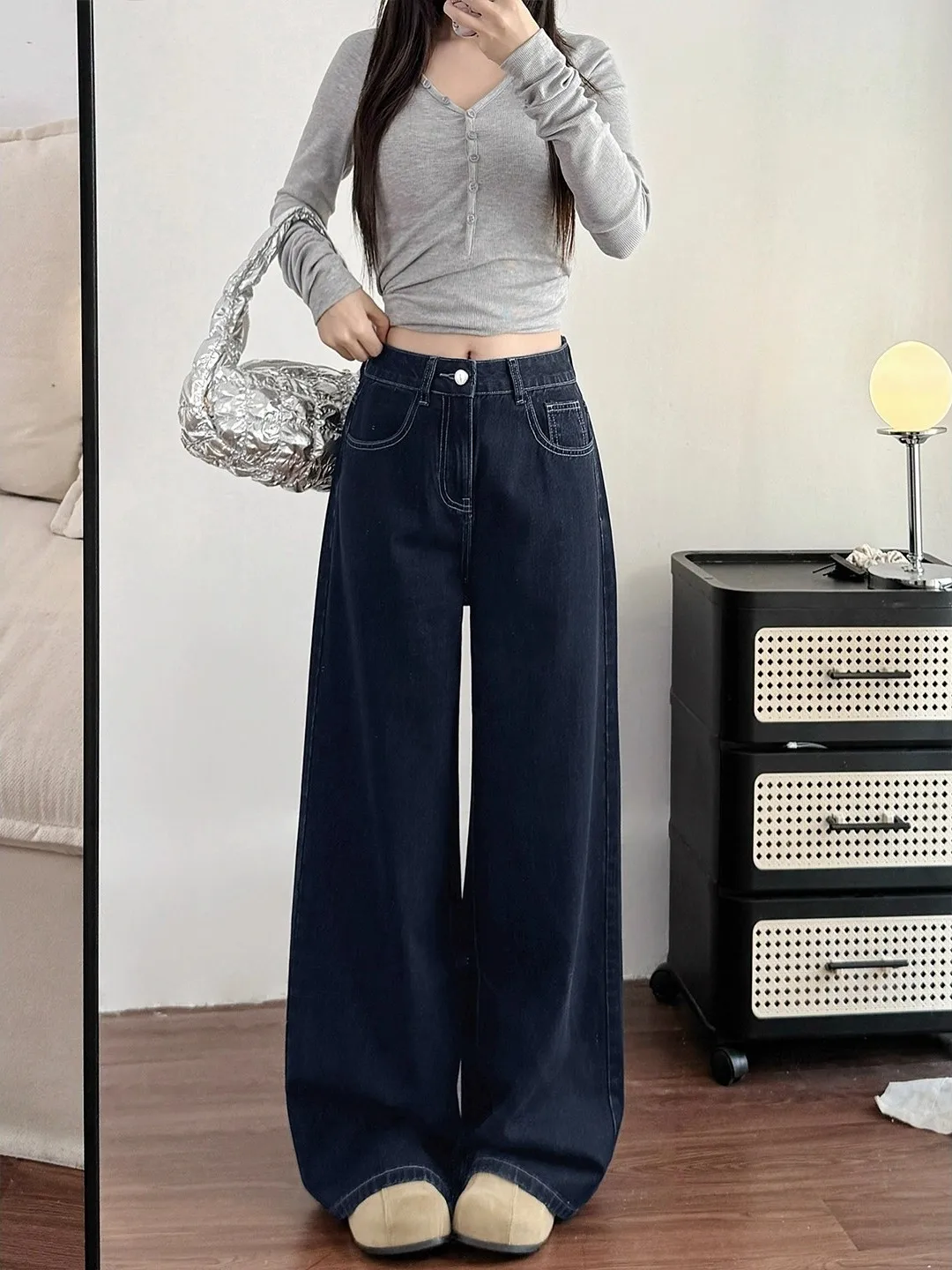

Deep Blue High Waist Draped Denim Jeans Women's Loose Straight Leg Slimming A-Line Wide Leg Long Pants Casual Style