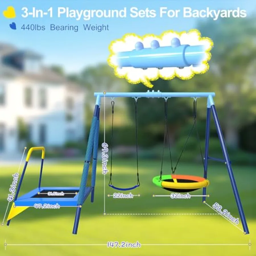 Set altalena da 440 libbre Parco giochi esterno 3in1 con piattino Sedile con cintura altalena e trampolino da 4 piedi Supporto in metallo AFrame resistente e sicurezza
