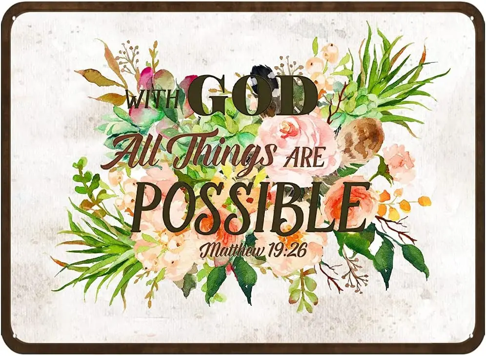 With God All Things are Possible Fun Tin Sign Peach Floral Bouquet Printable Metal Sign Floral Succulent Wall Art