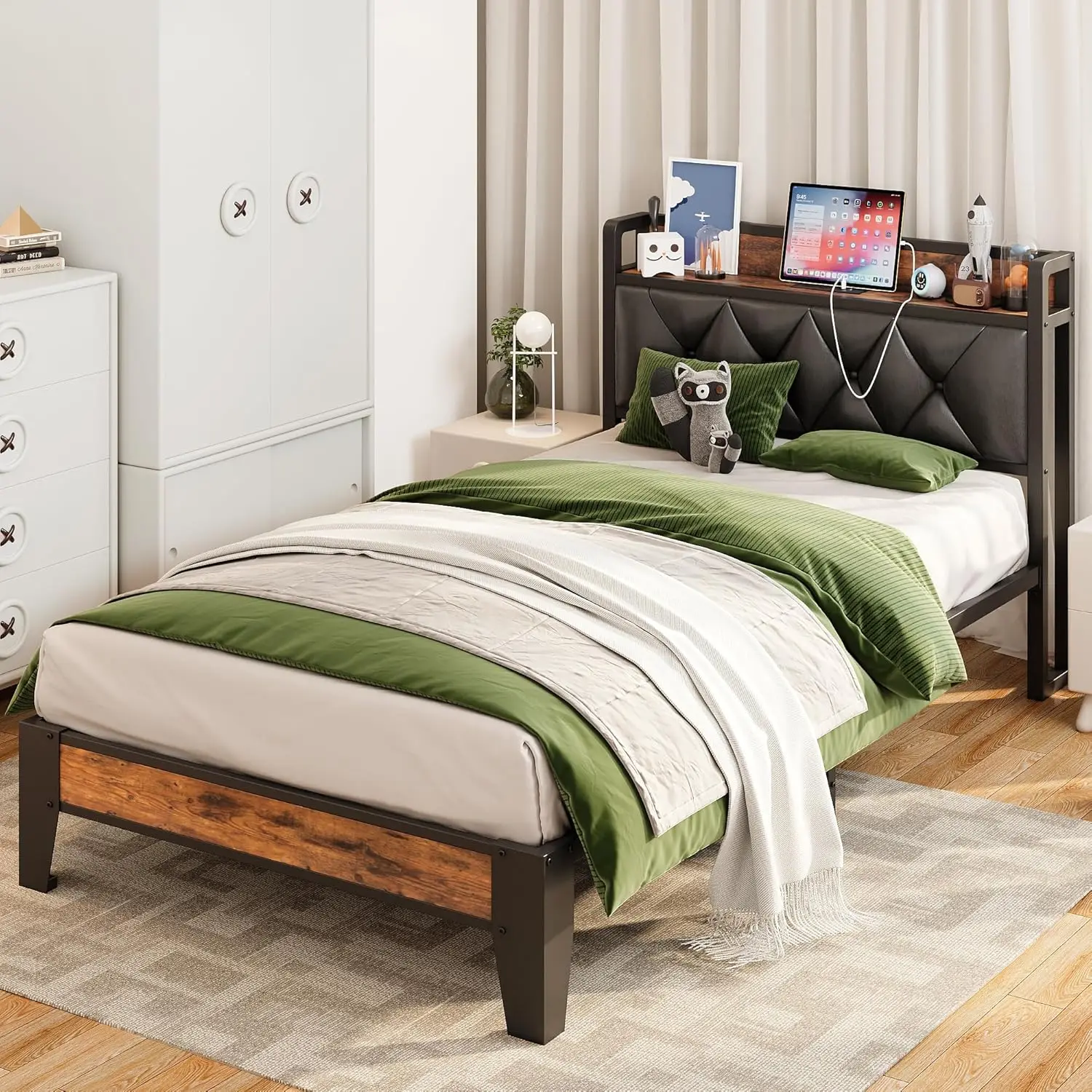 

Twin Bed Frames, Storage Headboard With Outlets, Easy To Install, Sturdy And Stable, No Noise, No Box Springs Ned, Rustic Brown