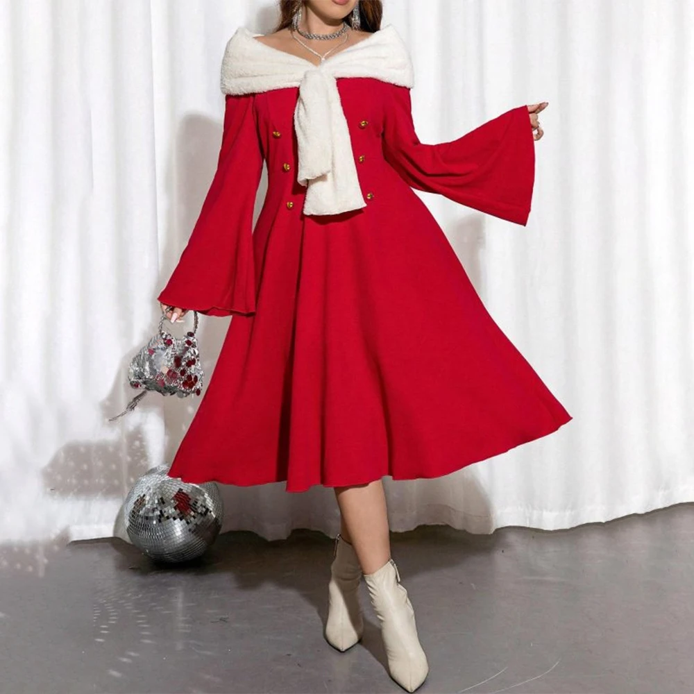 Christmas Dress for Women Plus Size Long Sleeve Oversize Warm Winter Red Elegant Dresses Girls Xmas New Year Party Costume