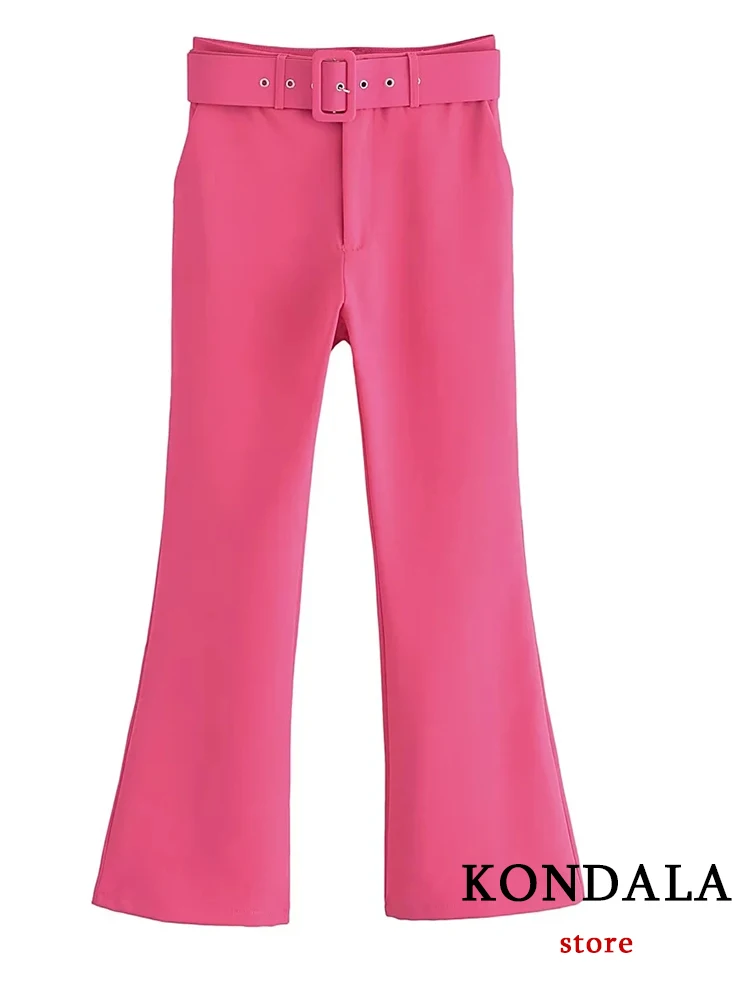 KONDALA Office Lady Rosered Belt Flaer Pants Women Fashion 2023 Zipper Pockets Streetwear Boot Cut Trousers Y2K Girl Pants