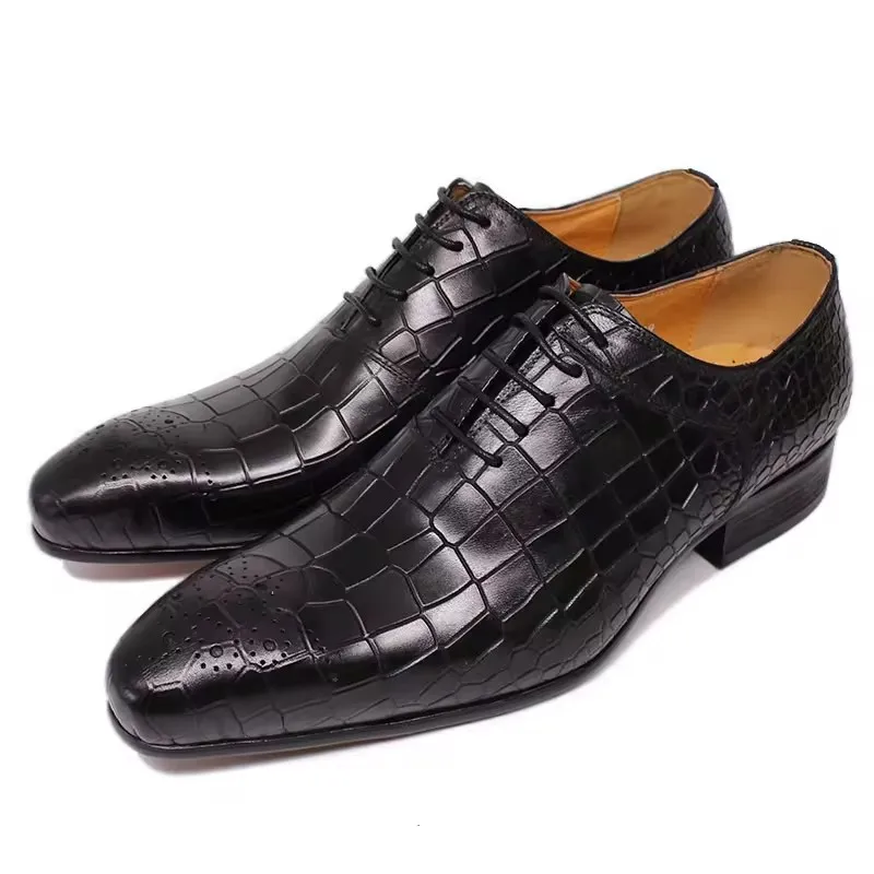 Men Business Formal Oxford Shoes Genuine Leather Stone Pattern Embossed Leather Shoes Men Office Wedding Men