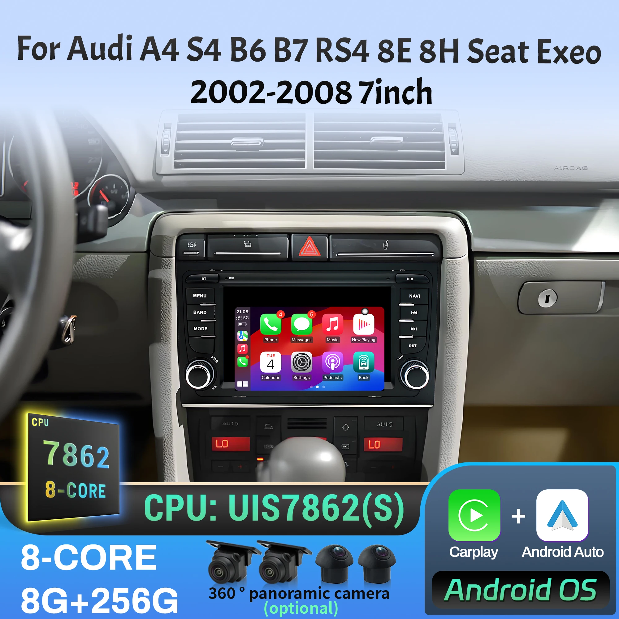 7 inch For Audi A4 S4 B6 B7 RS4 8E 8H Seat Exeo 2002 2003 2004-2008 Car Radio Wireless CarPlay Android 14 Multimedia 7862 Screen