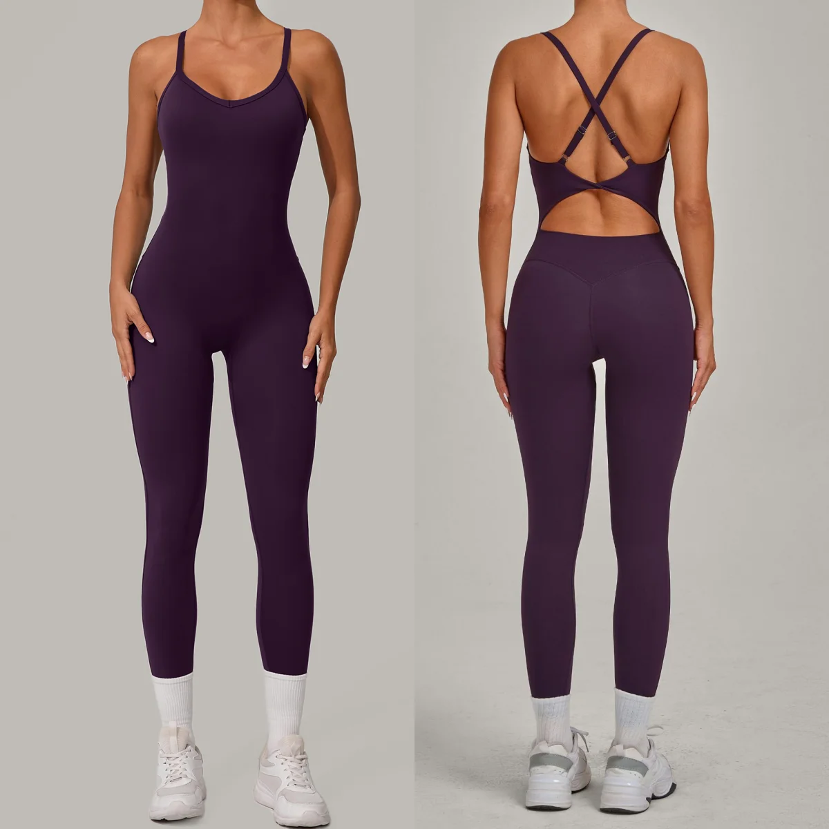 Mono de yoga sin espalda con efecto segunda piel para mujer, con tirantes cruzados ajustables, body deportivo de ajuste ceñido con efecto levanta glúteos para gimnasio