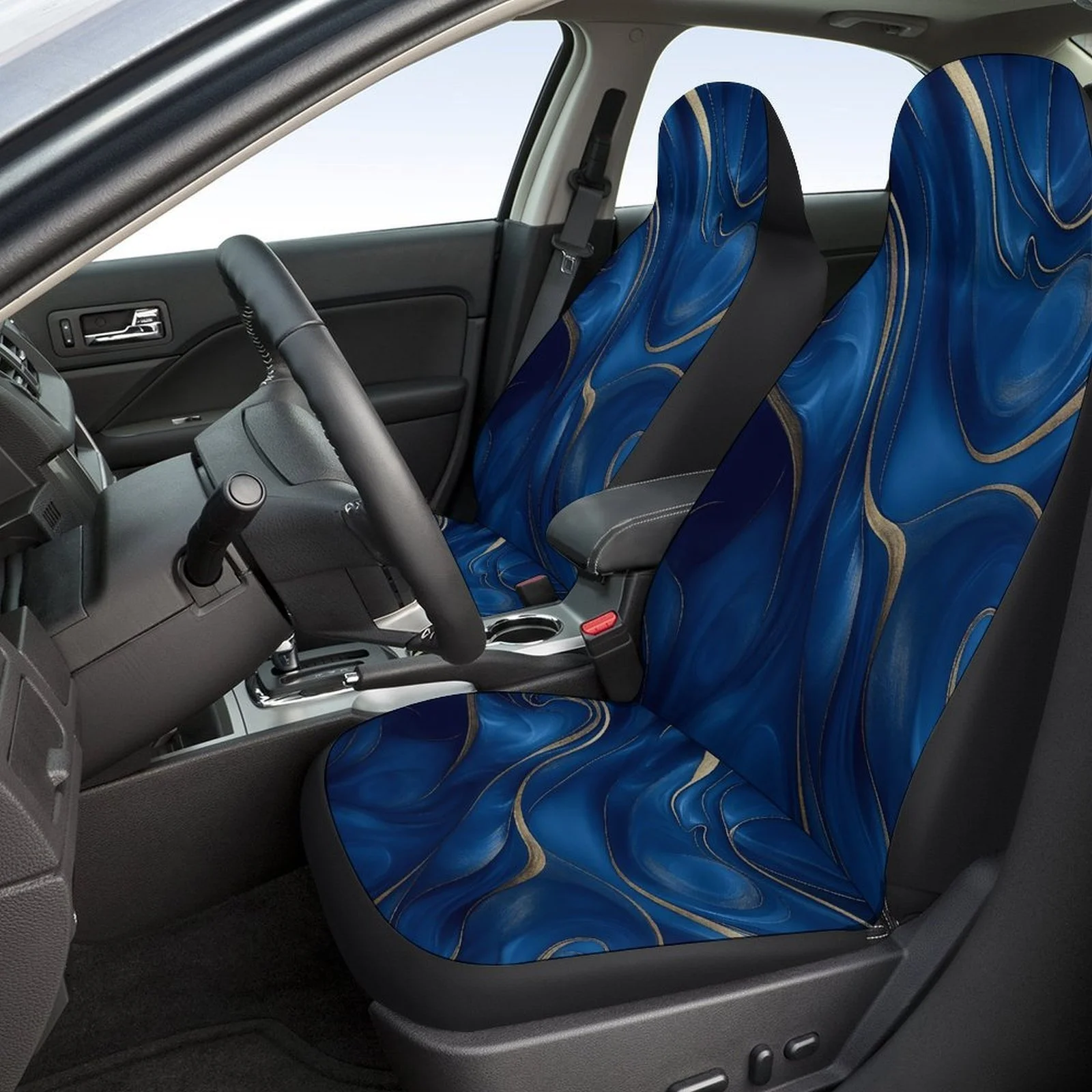 Set Of Car Seat Covers Featuring Blue And Golden Wave Designs, Suitable For A Variety Of Vehicles. This Trendy And Unique Decora