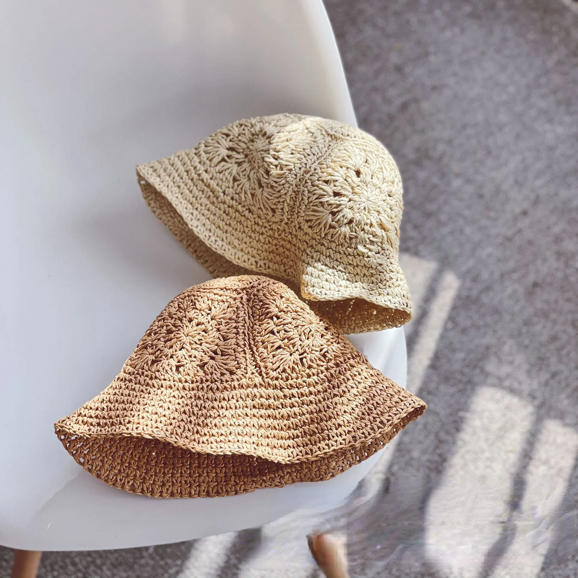 New Summer Kids Straw Hat Summer Girls Baby Outing Sun Hat Retro Hollow Beach Sunscreen Straw Basin Hat Infant Fisherman Cap