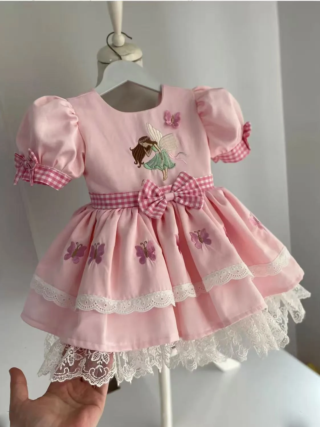 Summer Baby Girl Sweet Fairy Butterfly Embroidery Lace Pink Plaid Fluffy Dress For Casual Party Birthday Photograph B787