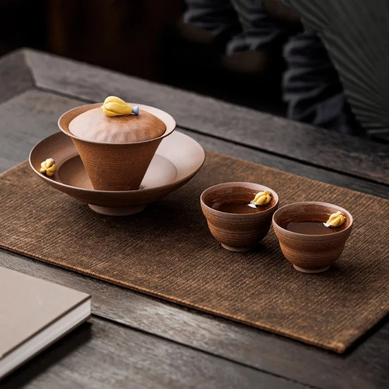 Vintage Style Handmade Old Rock Clay Tea Set Three-Talent Gaiwan One Pot Two Cups Tray Buddha Hand Cup Ceramic Tea Set