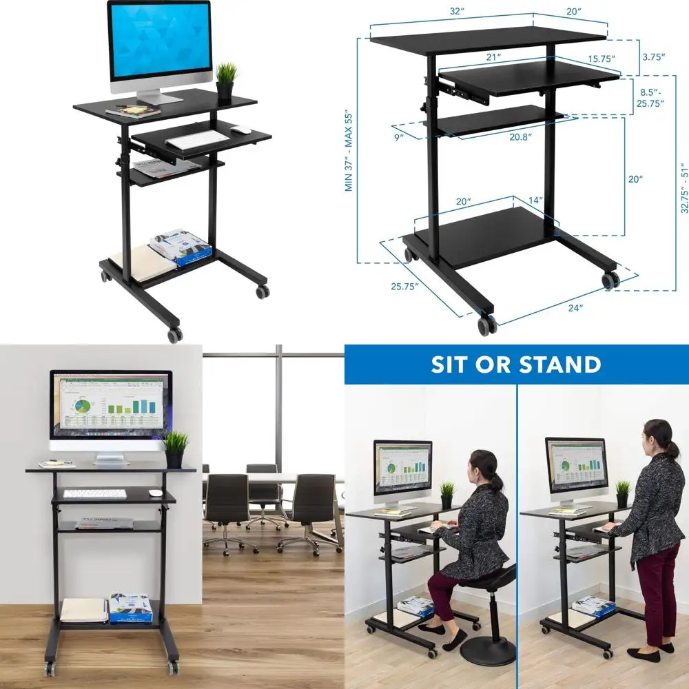 Height Adjustable Stand Up Computer Workstation: Retractable Keyboard Platform Mobile Desk for Ergonomic Office Use