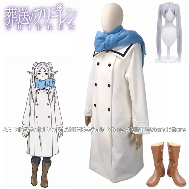 《Custom size》Frieren: Beyond Journey's End Sousou no Frieren Frieren B Edition White Woolen Coat Cosplay Costume Wig Shoes