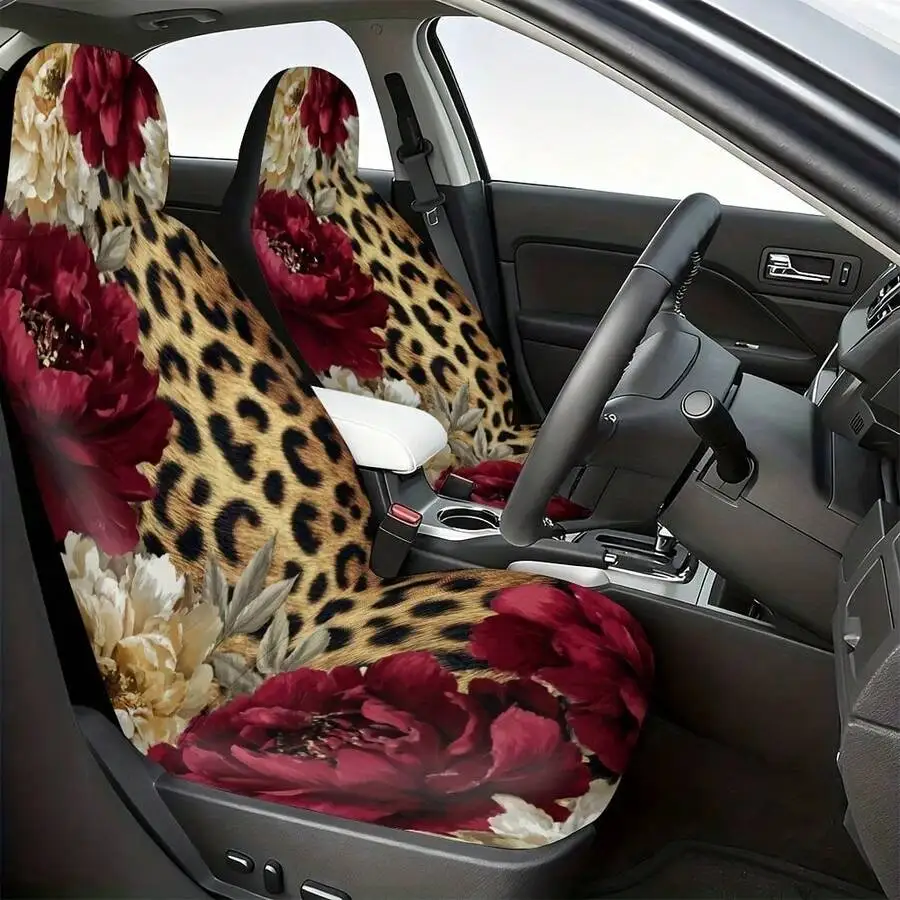 

Universal Leopard Print Red Peony Floral Car Seat Cover, Breathable Comfortable Auto Seat Protector For Cars SUVs
