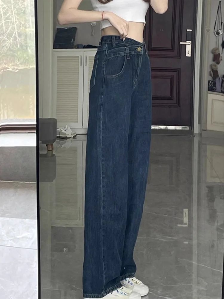 

Джинсы с высокой талией и широкими штанинами прямого кроя для женщин, осенне-зимняя новинка, большие размеры, асимметричный дизайн, стройнящие длинные брюки