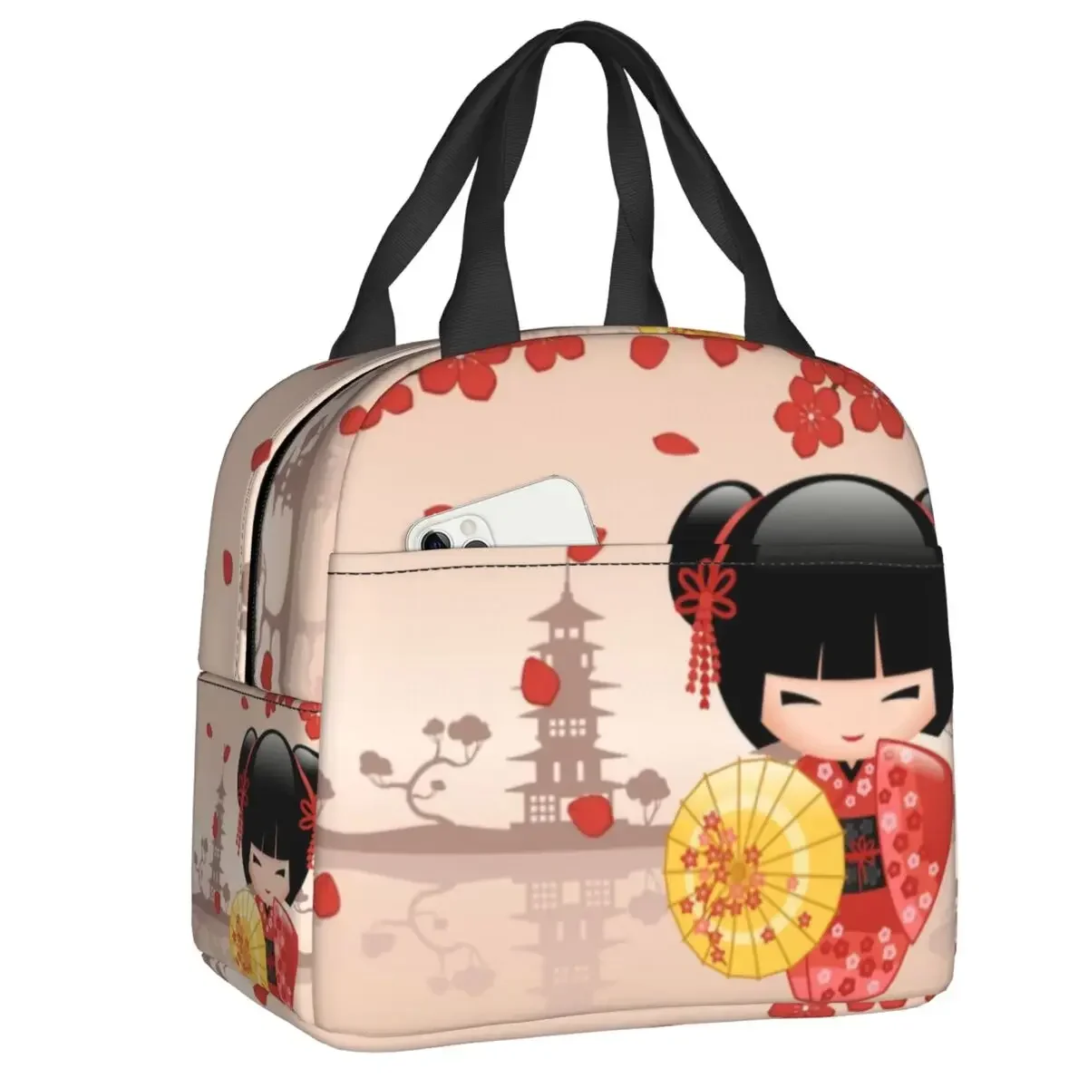 Japanese Red Sakura Kokeshi Doll Insulated Lunch Bag for Women Resuable Cute Girly Cherry Blossom Thermal Cooler  Box