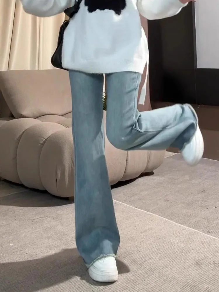 Jean en Denim taille haute pour femmes, pantalon Long extensible et délavé, résistant à l'usure, américain, effiloché aux genoux, été