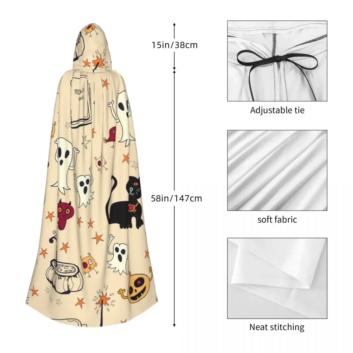 Unisex adulto Halloween gatos fantasma patrón con capucha disfraz de bruja larga Cosplay mantener caliente resistente al agua