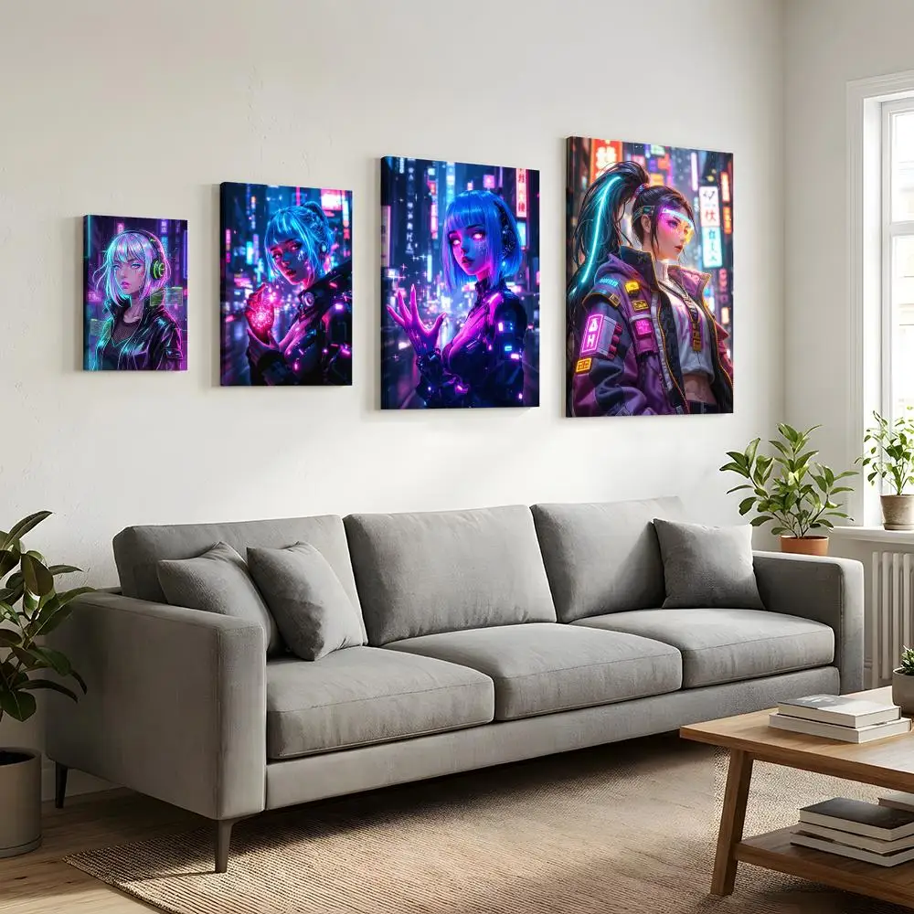 Neon Cyberpunk Girl Framed Wall Painting HD Canvas Wall Art Print | Optional Frame | Modern Hallway Home Wall Decor
