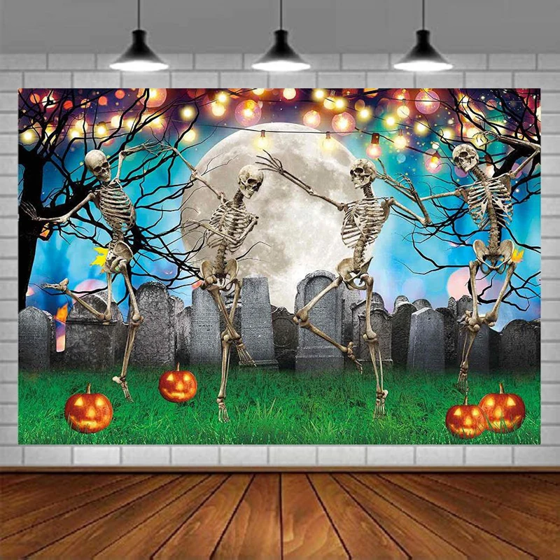 

Halloween Party Photography Backdrop Dancing Skeletons Eve Cemetary Graveyard Pumkins Moon Night Ghost Background Horror Decor