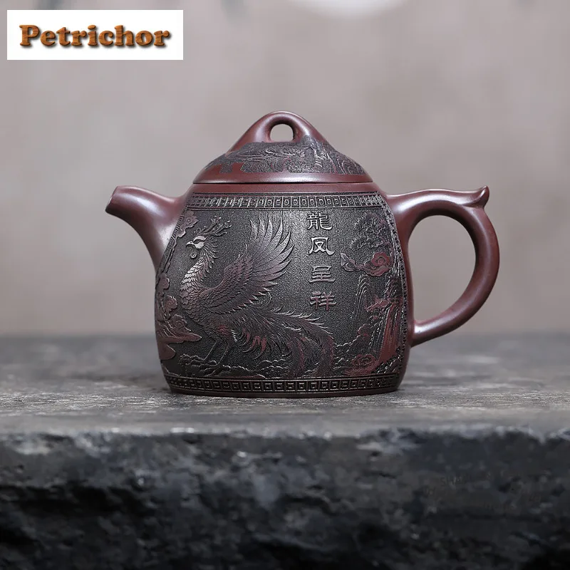 

Чайник из исинской фиолетовой глины, 460 мл, ручной работы, с рисунком дракона и феникса, чайник «Цин Цюань», из необработанной красной глины, чайный набор «Зиша», подарки для кафе
