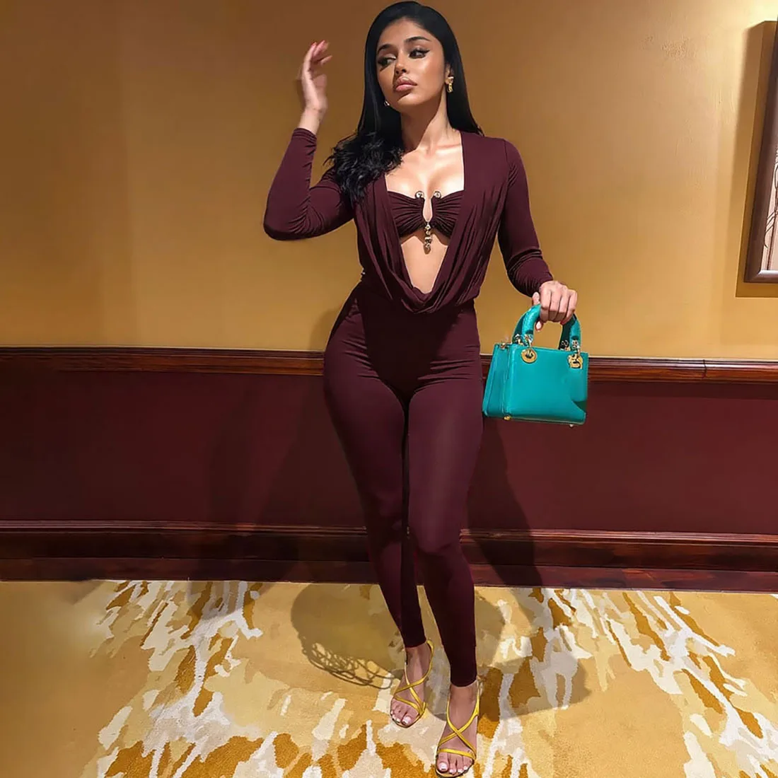 

Gtpdpllt Sexy Fashion Jumpsuits Rompers Womens Hollow Out Metal Decoration Full Sleeve Skinny Peach Hip Midnight Party Overalls