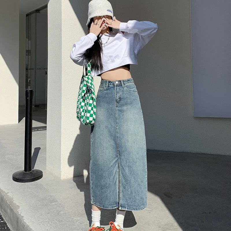 Women Summer Casual Trend Split Fork Solid Color High Waist Appear Thin Cowboy Skirt Ladies Fashion All-match Thin A-line Skirt