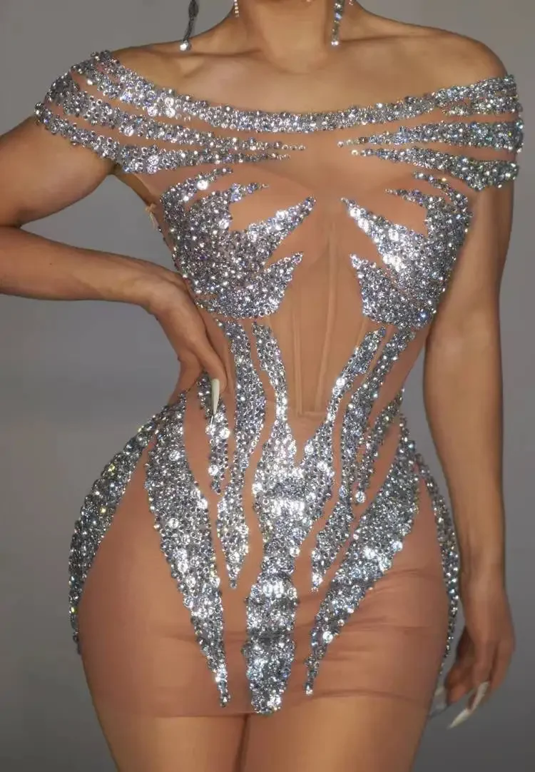 Vestido de noche sin mangas con diamantes de imitación plateados para mujer, traje Sexy para celebración de cumpleaños, cantante de escenario, lujoso