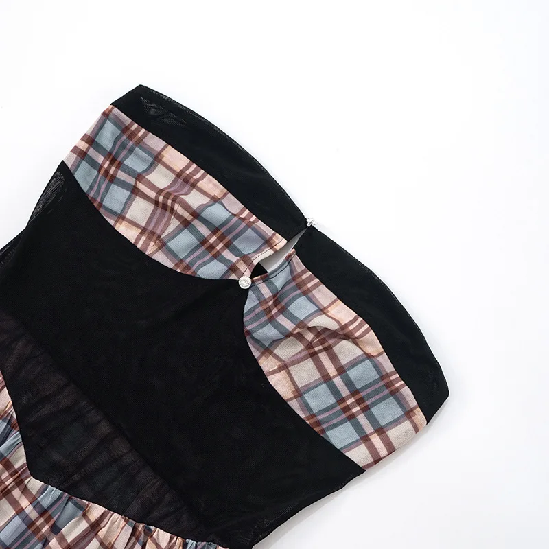 Sheer Mesh Patchwork Plaid Mini Dress Women Sexy Hollow Out Strapless Backless Pleated Party Clubwear Y2K Casual Streetwear