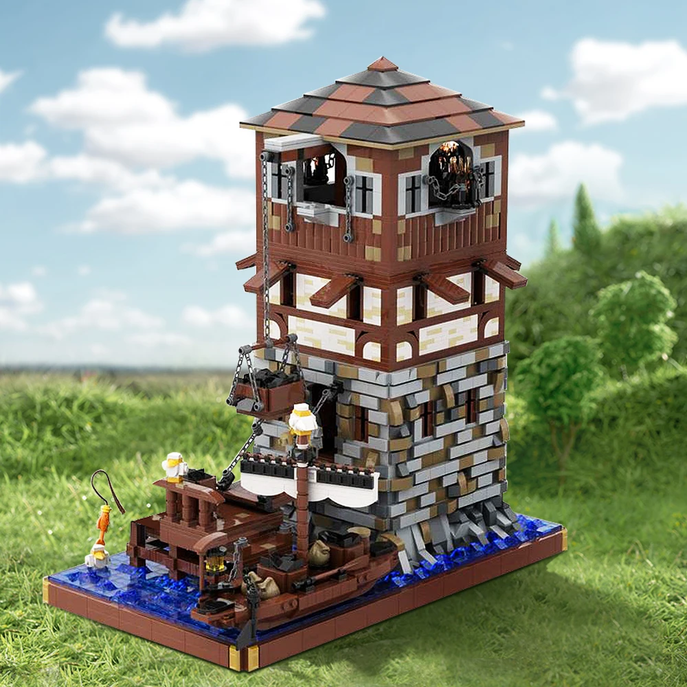Gobricks moc retro medieval farol vista de rua arquitetura bloco de construção conjunto antigo egito porto torre educação tijolo brinquedos