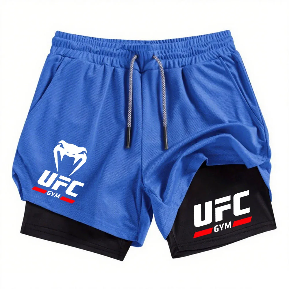 

Новое поступление лета 2026, брендовые мужские шорты UFC, мужские эластичные спортивные шорты для фитнеса 2-в-1, двухслойные дышащие и быстродействующие
